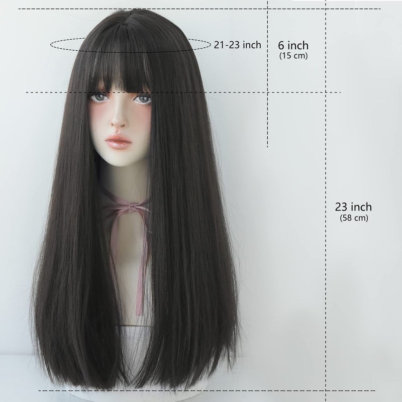 7JHH WIGS Long Straight Wig With Bangs Hair Dye Black Wig for Women Synthetic Natural Black Hair Party And Cosplay Premium Soft Wig(23 inch Black) - Image 2